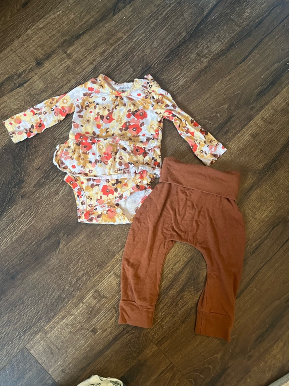 Girls Floral Ruffle Bodysuit and Rust Pants 12 months